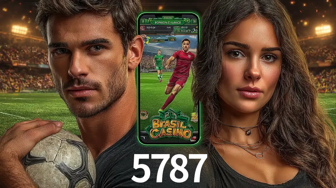 Homem segurando uma bola de futebol e uma mulher ao lado de um smartphone exibindo o jogo de apostas esportivas da 5787. Faça seu palpite no cassino online.